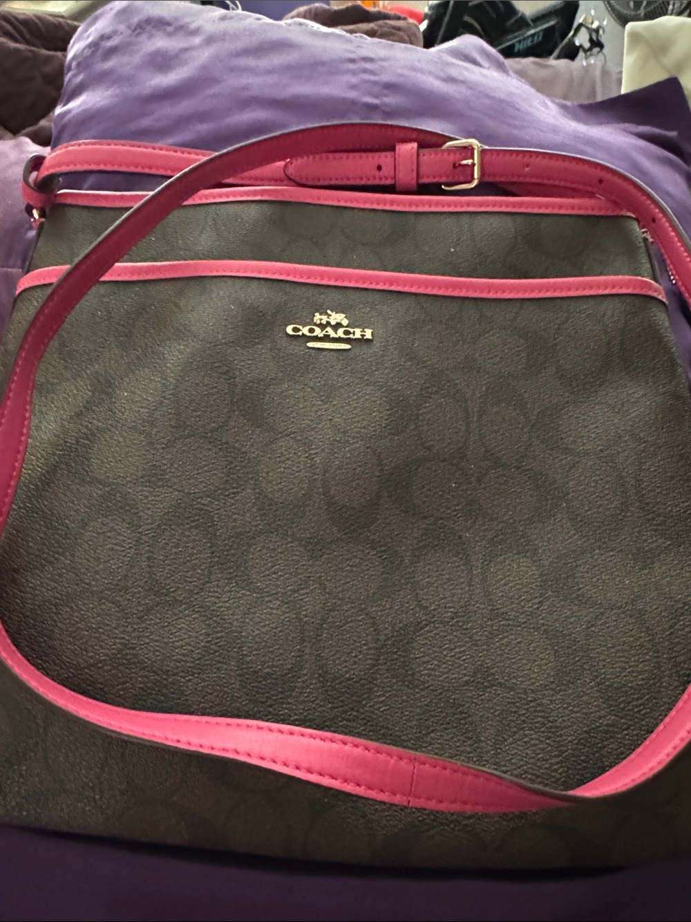 Coach Brown Signature Crossbody with Pink Trim